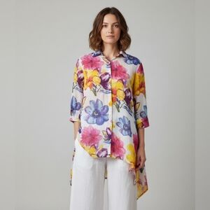 Orange Fashion Village Floral Blouse O/S Lagenlook 100%Cotton Asymmetrical Tunic